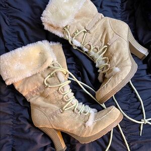 fur and suede lace up boot heel